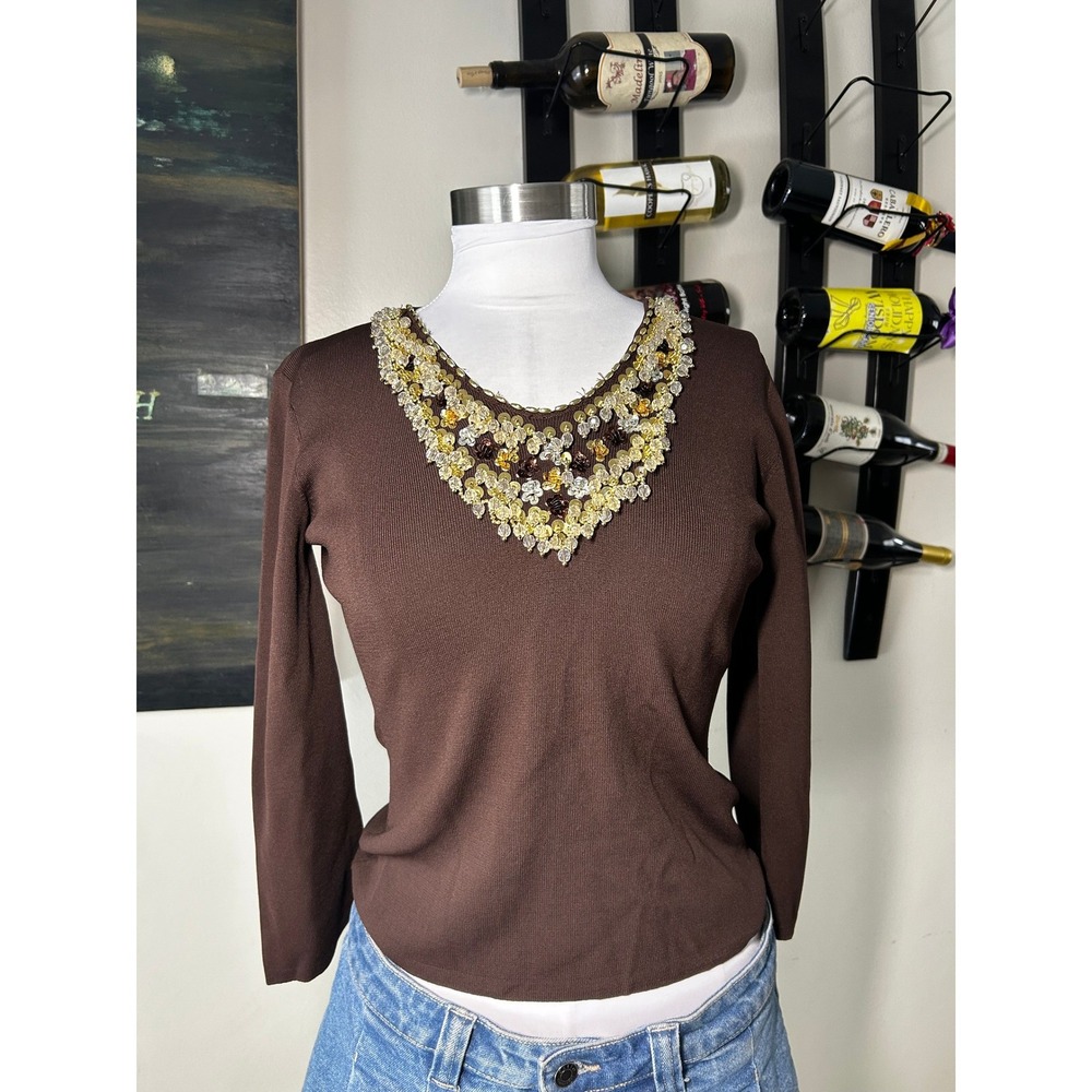 Joseph A. Beaded Sequin Sweater Top S Brown Bib Neckline Long Sleeve Pullover